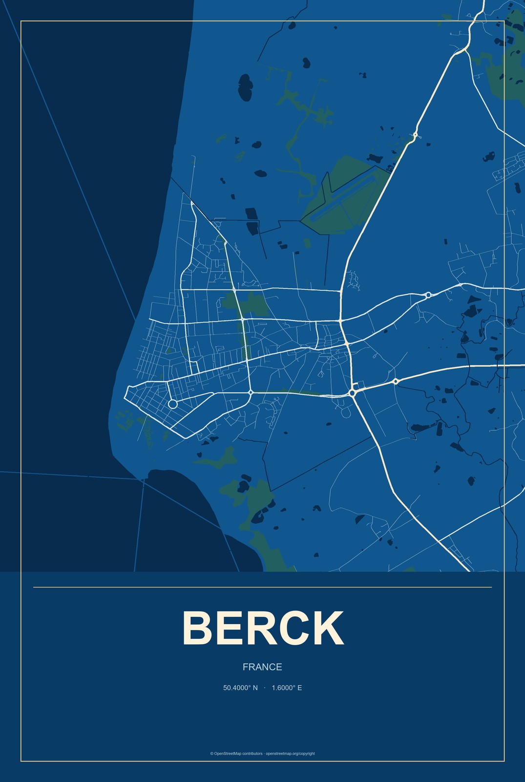 Berck, France City Map Aluminum Sign in Harbor Cobalt style