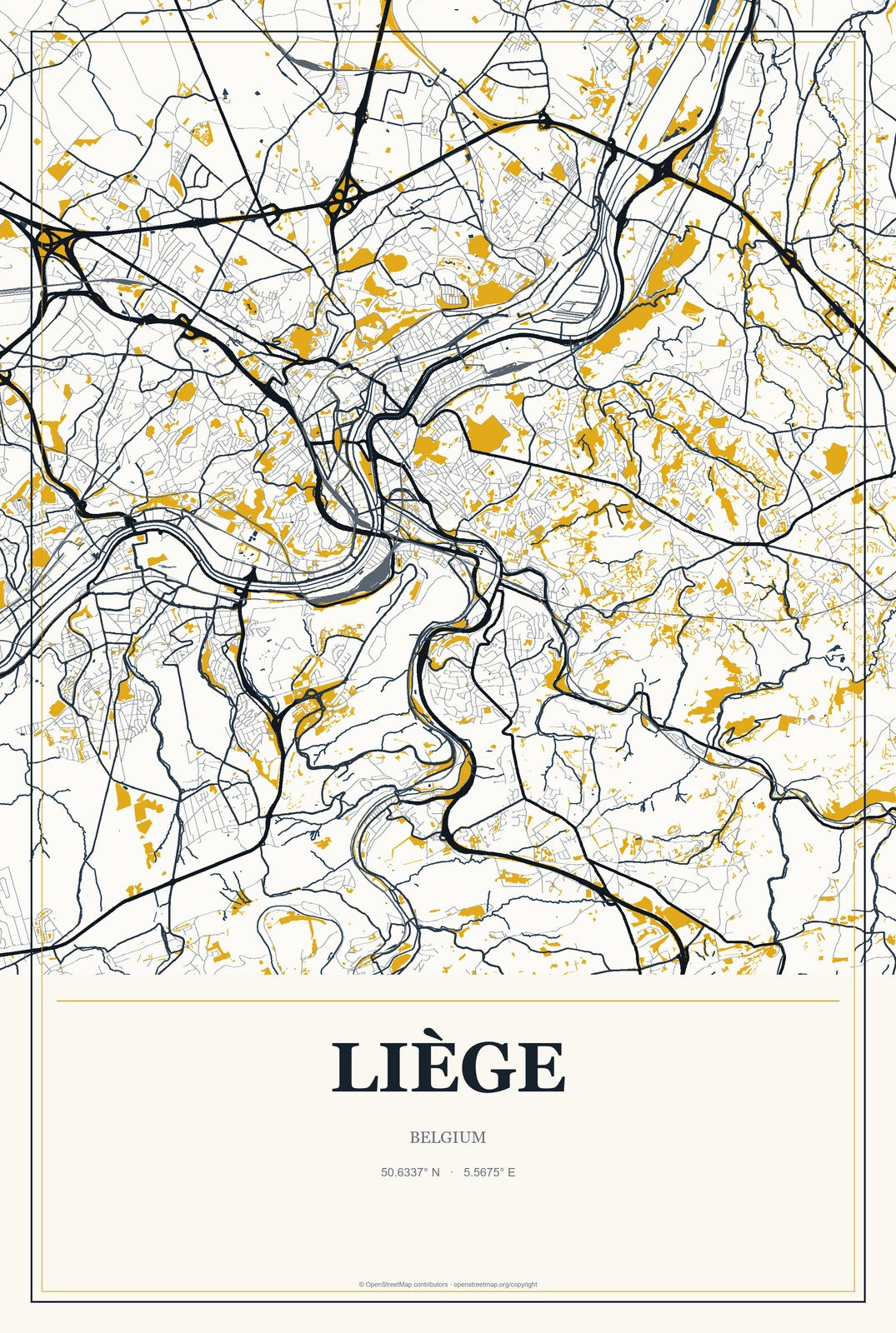 Liège, Belgium City Map Aluminum Sign in Citrine Modern style