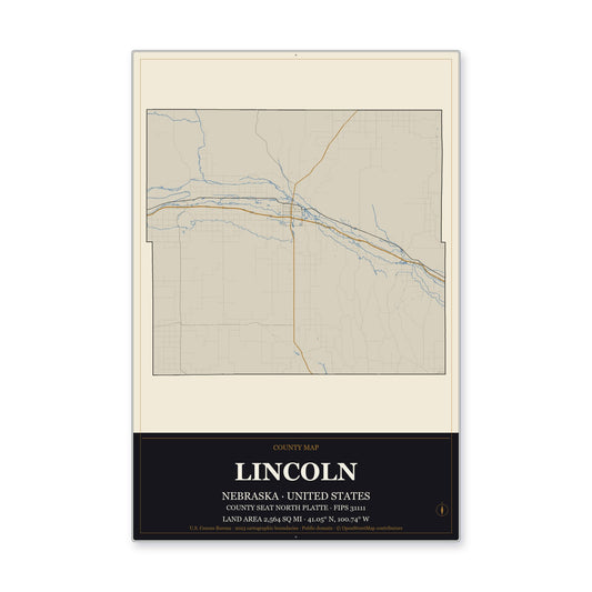 Lincoln County, Nebraska Map Aluminum Sign in Museum Plaque style
