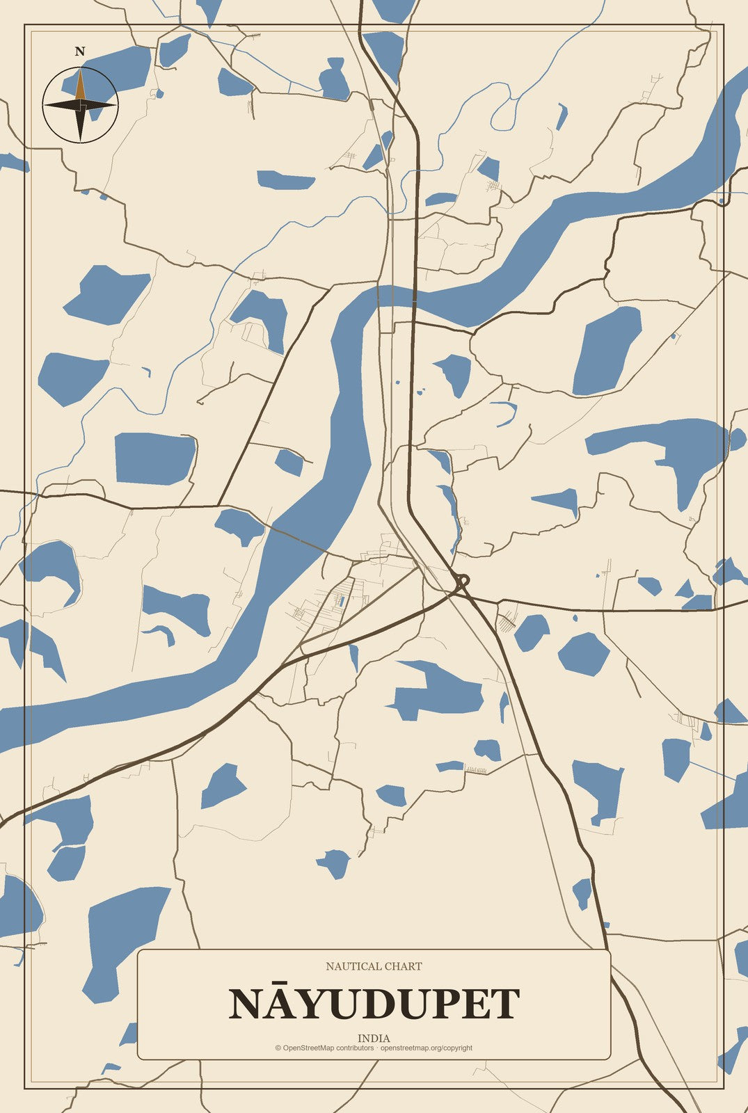 Nāyudupet, India City Map Aluminum Sign in Heritage Nautical style