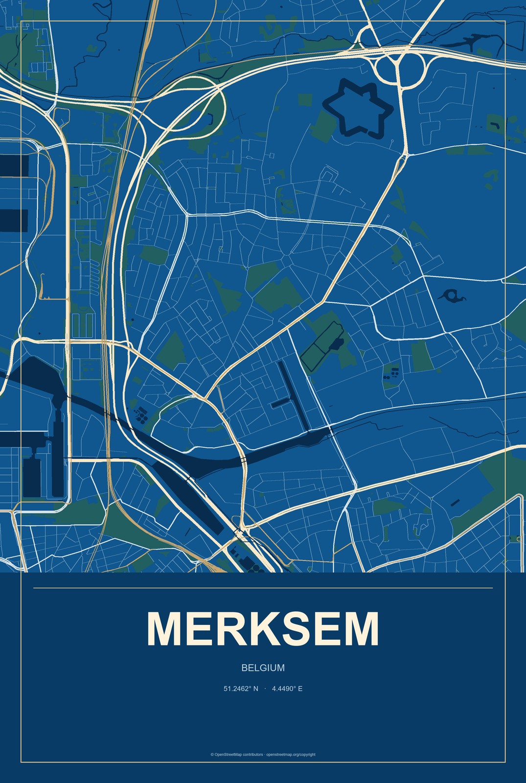 Merksem, Belgium City Map Aluminum Sign in Harbor Cobalt style