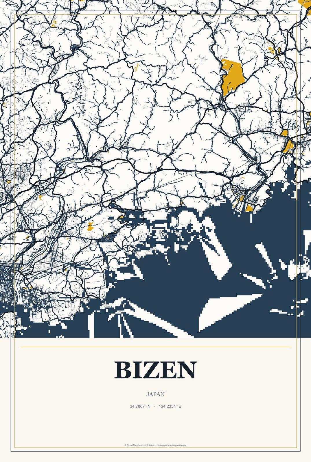 Bizen, Japan City Map Aluminum Sign in Citrine Modern style