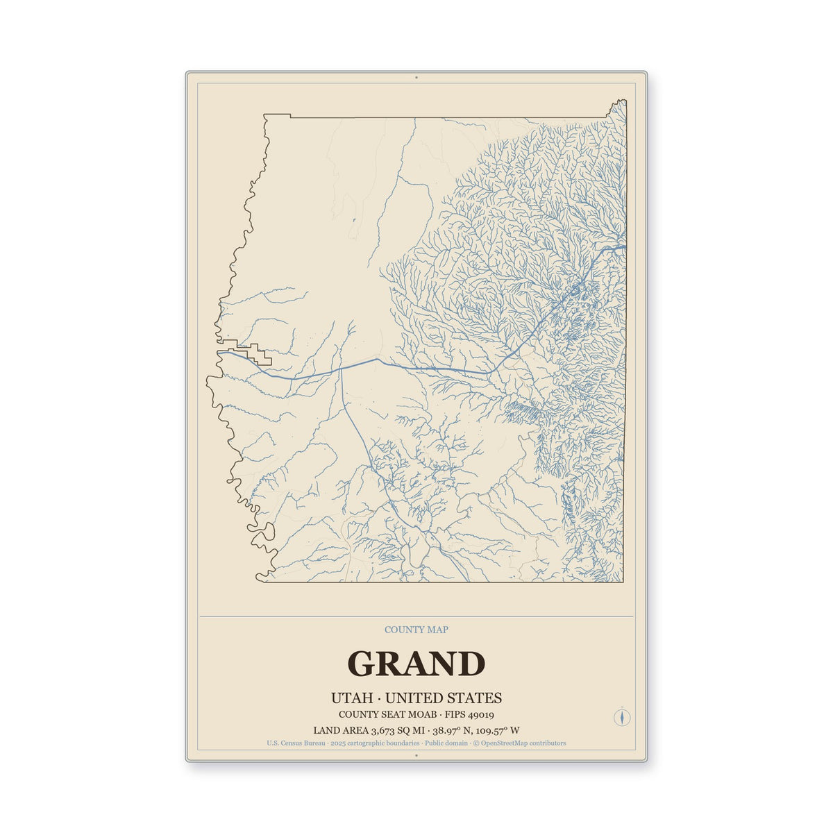 Grand County, Utah Map Aluminum Sign in Heritage Nautical style
