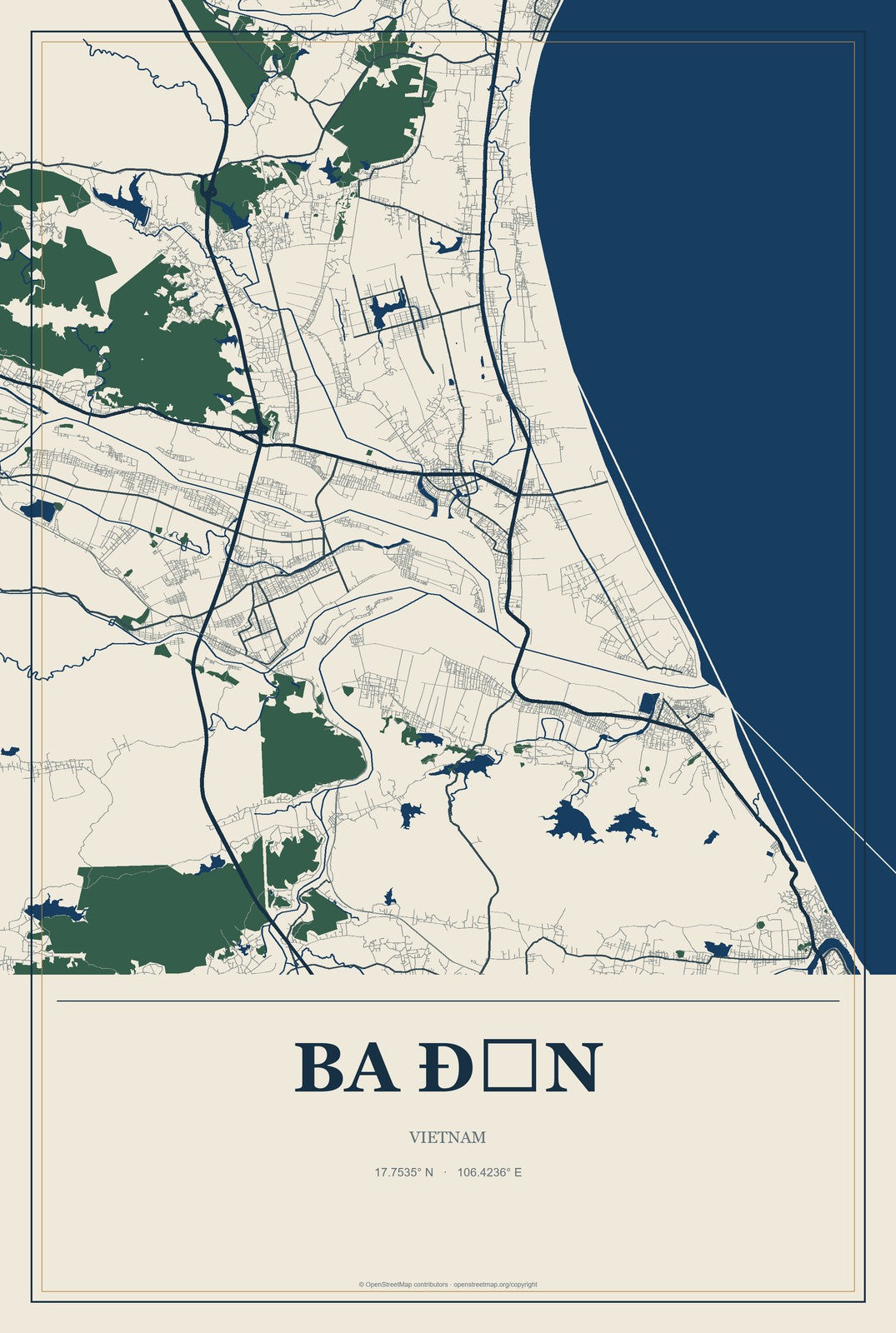 Ba Đồn, Vietnam City Map Aluminum Sign in Coastal Cutout style