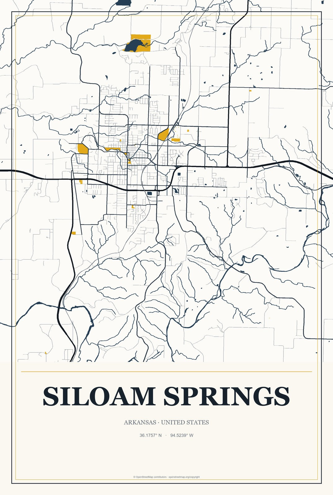 Siloam Springs, Arkansas City Map Aluminum Sign in Citrine Modern style