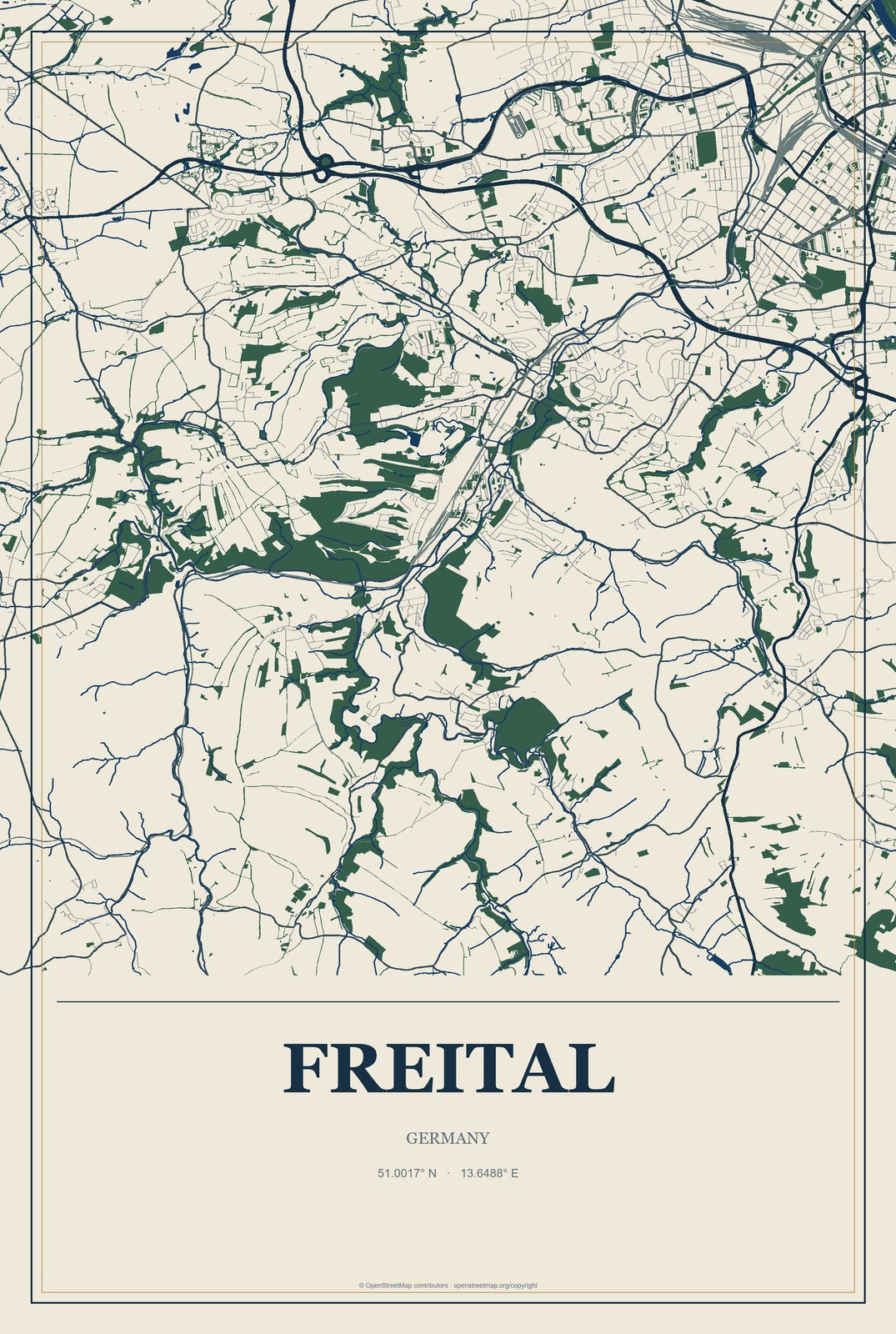 Freital, Germany City Map Aluminum Sign in Coastal Cutout style