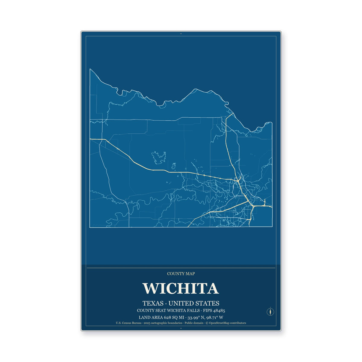 Wichita County, Texas Map Aluminum Sign in Harbor Cobalt style