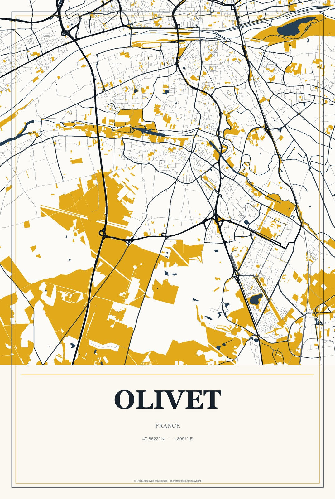 Olivet, France City Map Aluminum Sign in Citrine Modern style