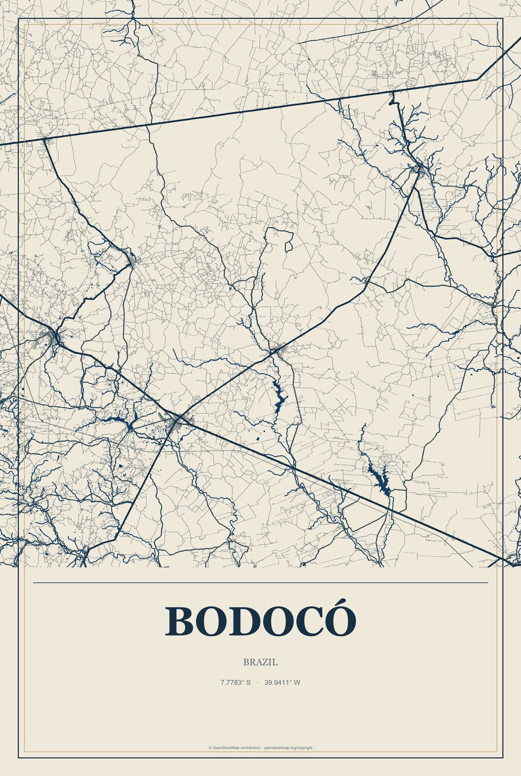 Bodocó, Brazil City Map Aluminum Sign in Coastal Cutout style
