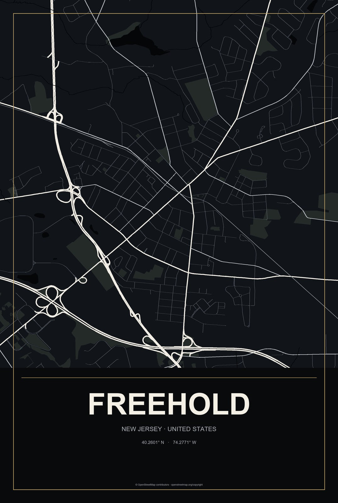 Freehold, New Jersey City Map Aluminum Sign in Metropolitan Noir style