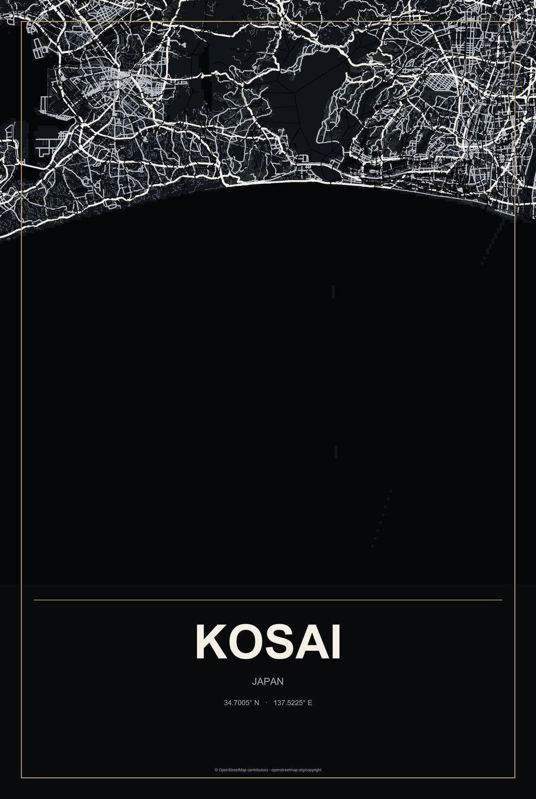 Kosai, Japan City Map Aluminum Sign in Metropolitan Noir style