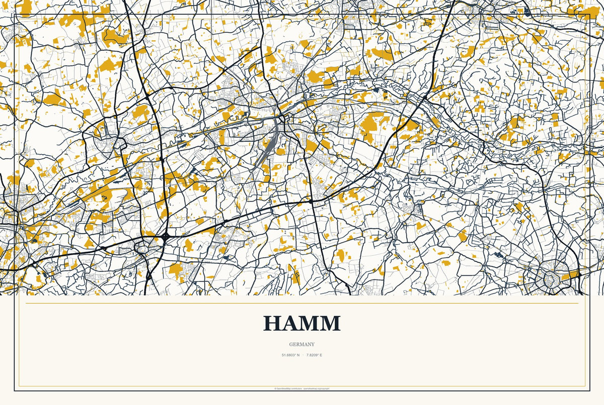 Hamm, Germany City Map Aluminum Sign in Citrine Modern style