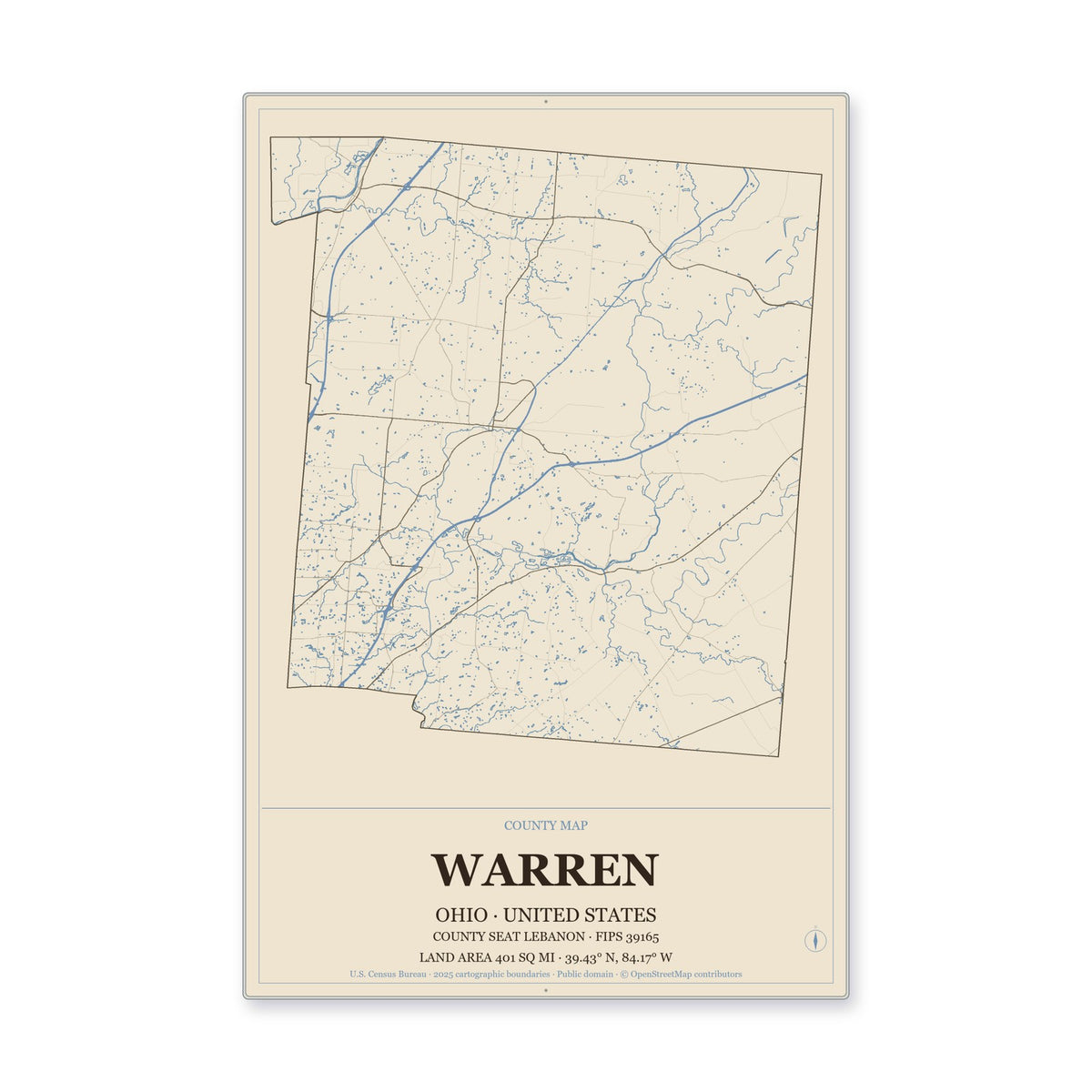 Warren County, Ohio Map Aluminum Sign in Heritage Nautical style