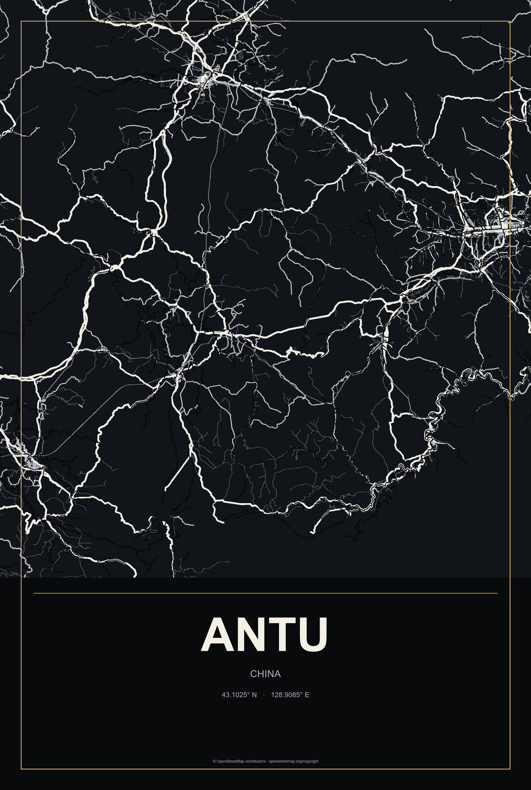 Antu, China City Map Aluminum Sign in Metropolitan Noir style