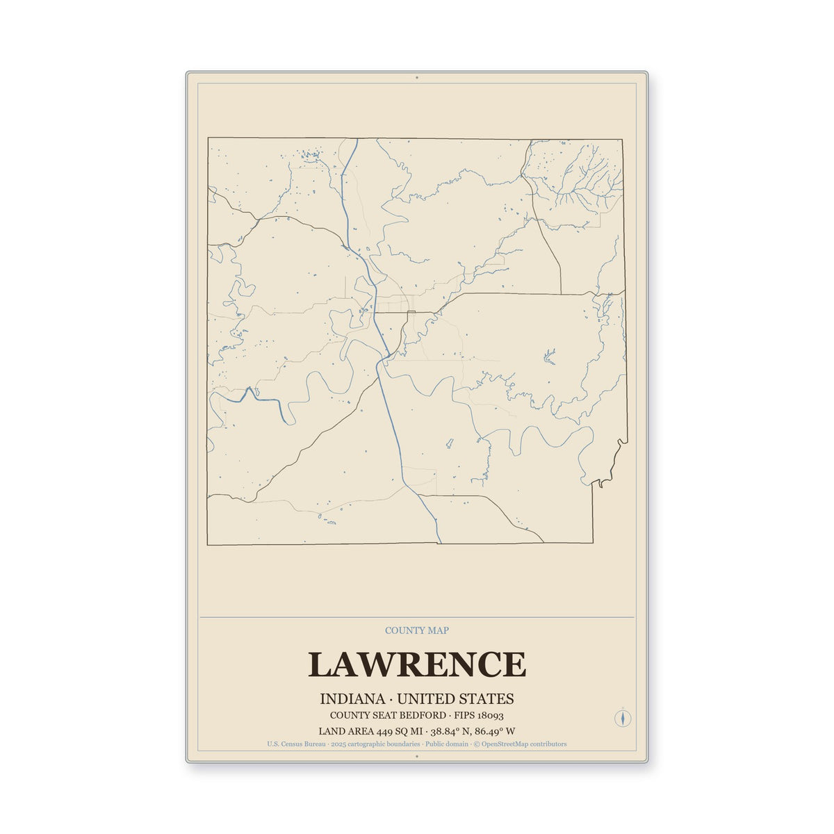 Lawrence County, Indiana Map Aluminum Sign in Heritage Nautical style