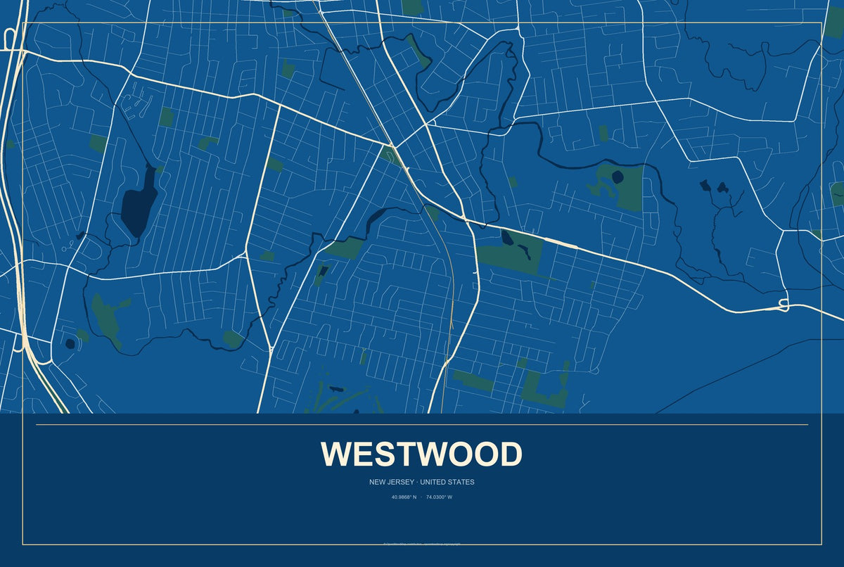 Westwood, New Jersey City Map Aluminum Sign in Harbor Cobalt style