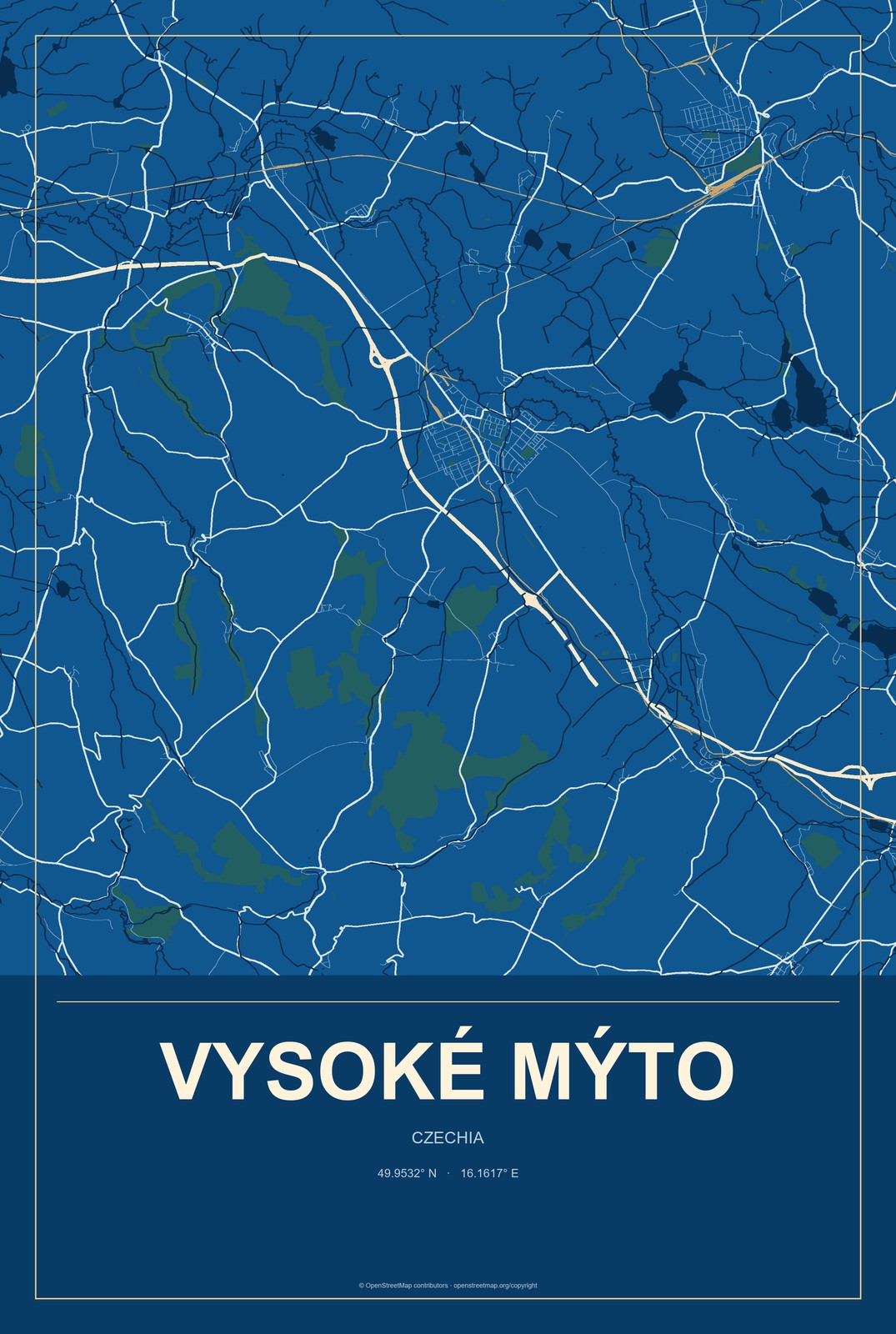 Vysoké Mýto, Czechia City Map Aluminum Sign in Harbor Cobalt style