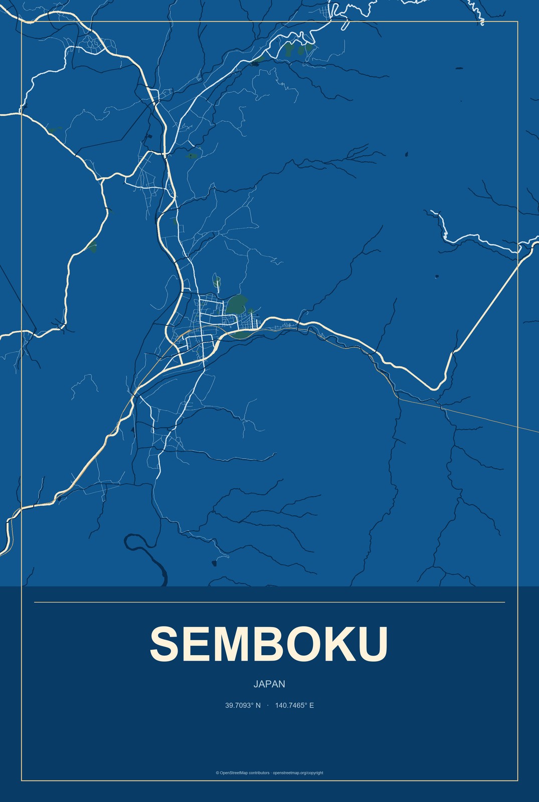 Semboku, Japan City Map Aluminum Sign in Harbor Cobalt style