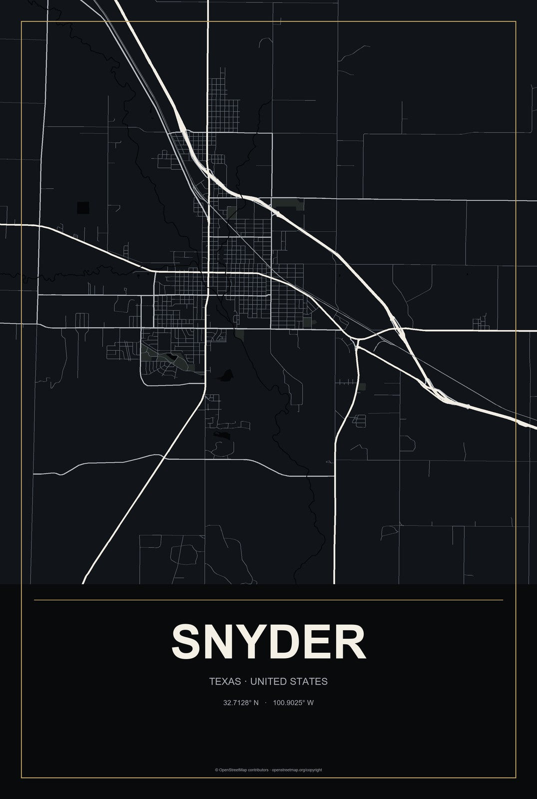 Snyder, Texas City Map Aluminum Sign in Metropolitan Noir style