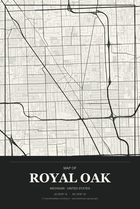 Royal Oak, Michigan City Map Aluminum Sign in Museum Plaque style