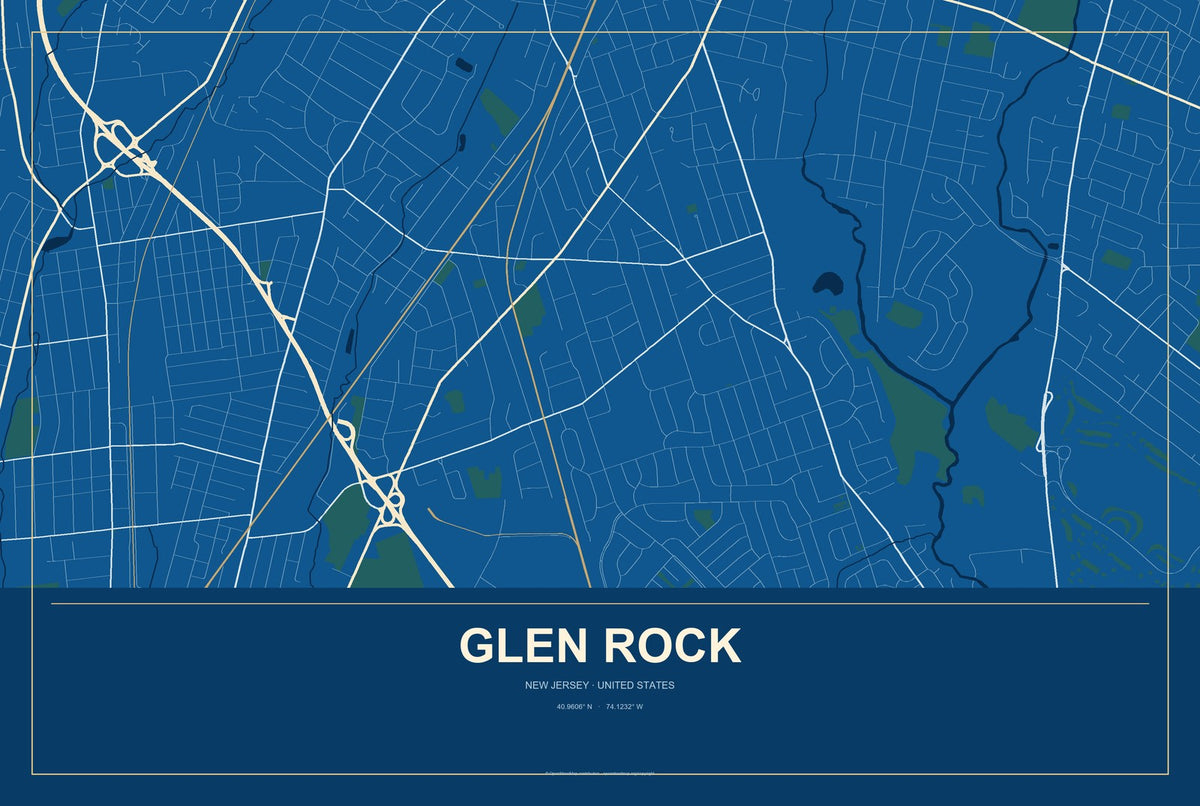 Glen Rock, New Jersey City Map Aluminum Sign in Harbor Cobalt style