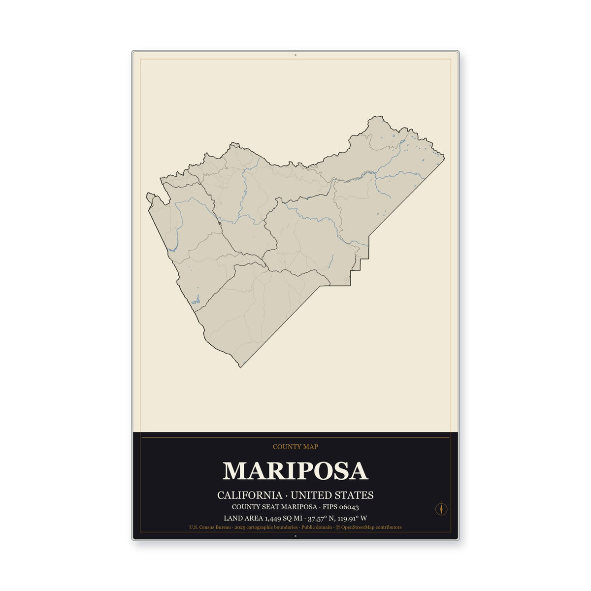 Mariposa County, California Map Aluminum Sign in Museum Plaque style