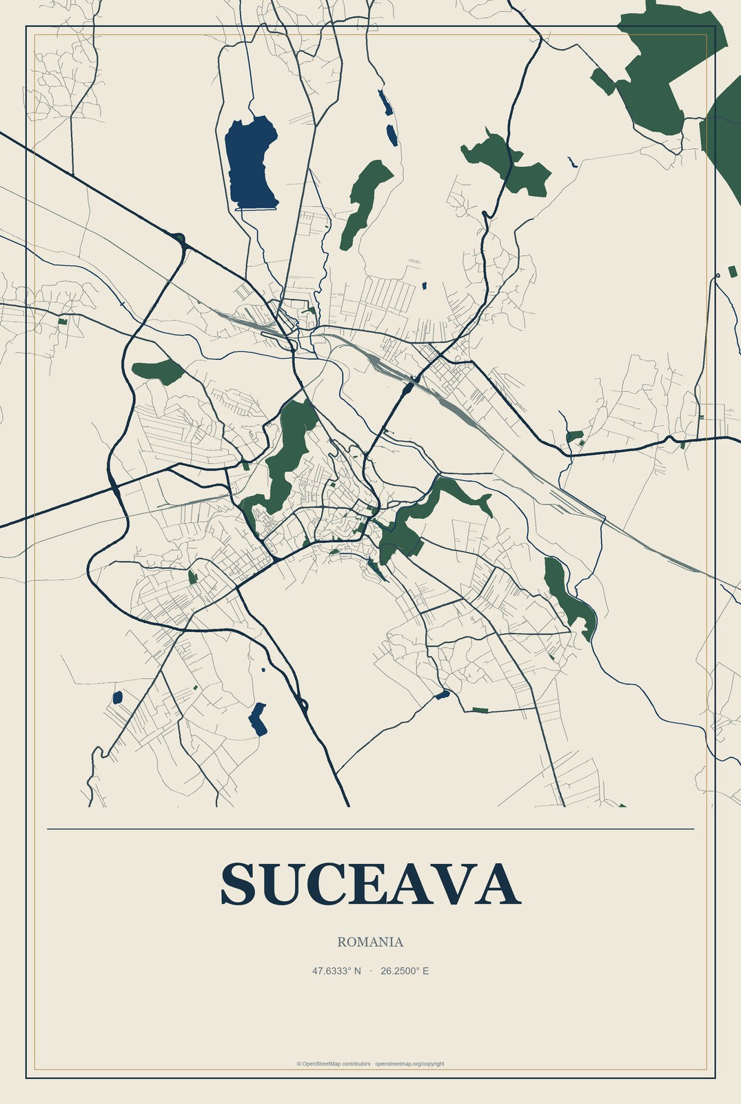 Suceava, Romania City Map Aluminum Sign in Coastal Cutout style