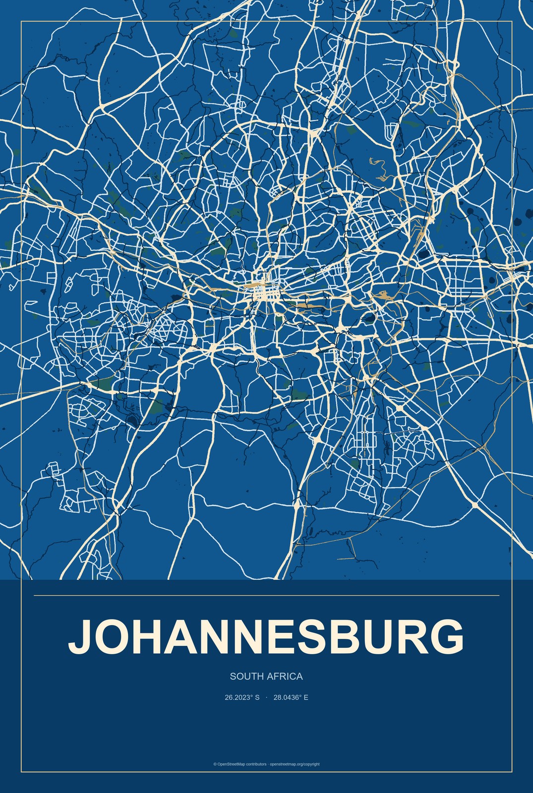 Johannesburg, South Africa City Map Aluminum Sign in Harbor Cobalt style
