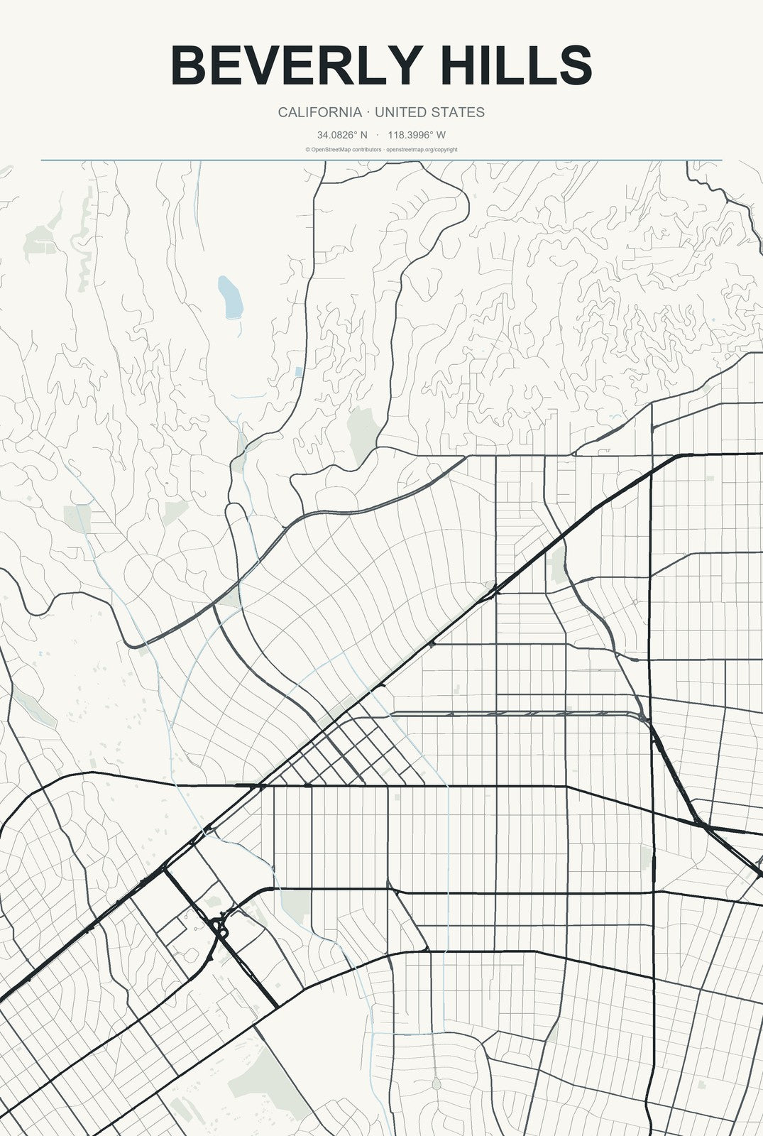 Beverly Hills, California City Map Aluminum Sign in Headline Atlas style