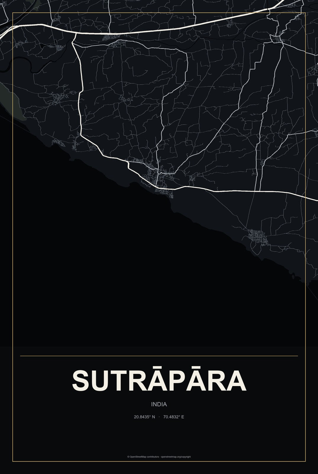 Sutrāpāra, India City Map Aluminum Sign in Metropolitan Noir style