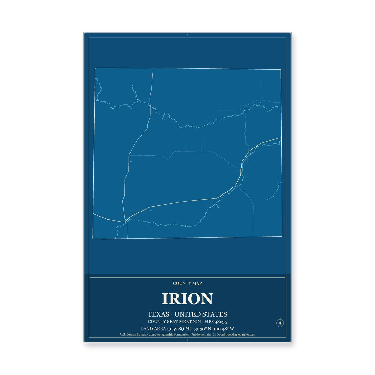 Irion County, Texas Map Aluminum Sign in Harbor Cobalt style
