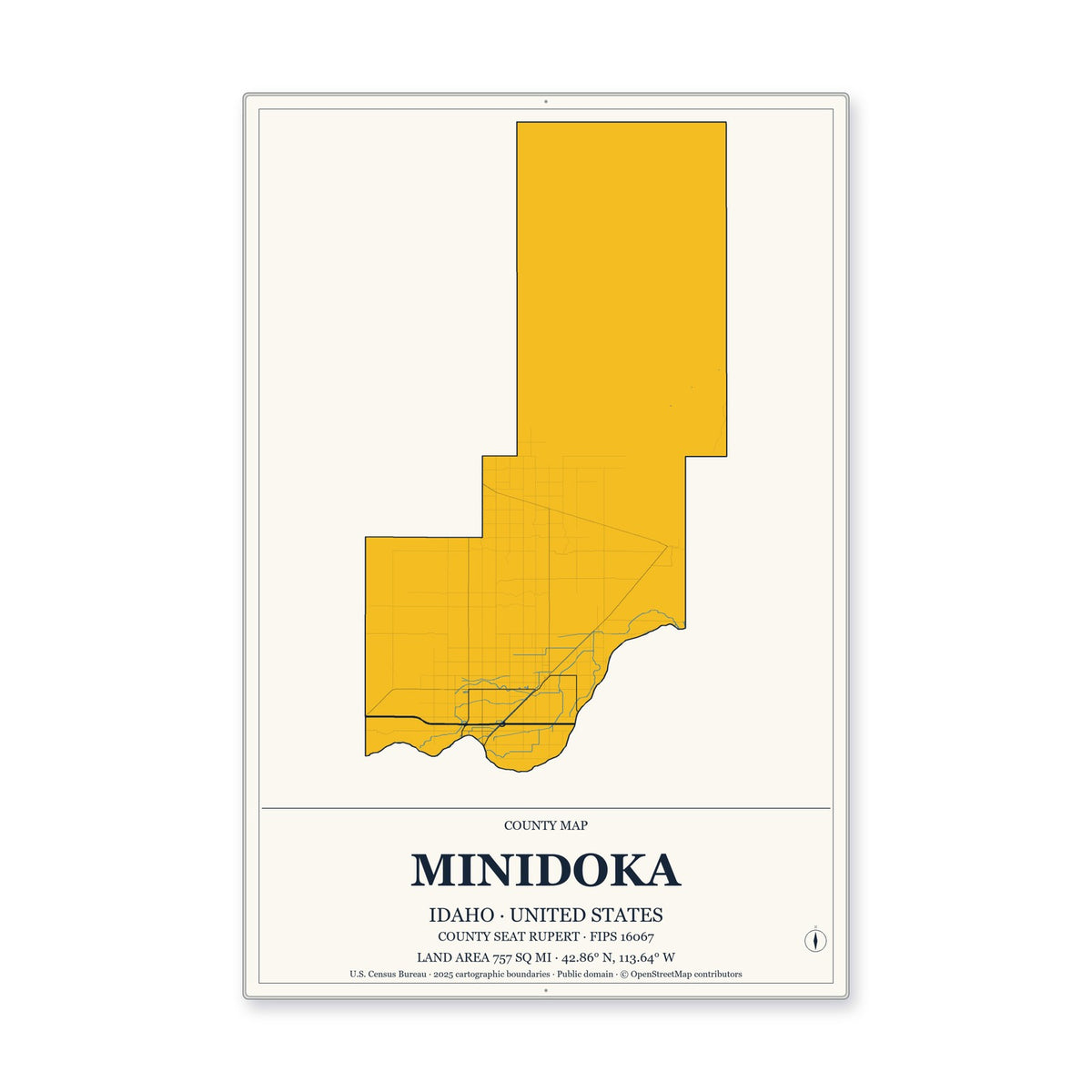 Minidoka County, Idaho Map Aluminum Sign in Citrine Modern style