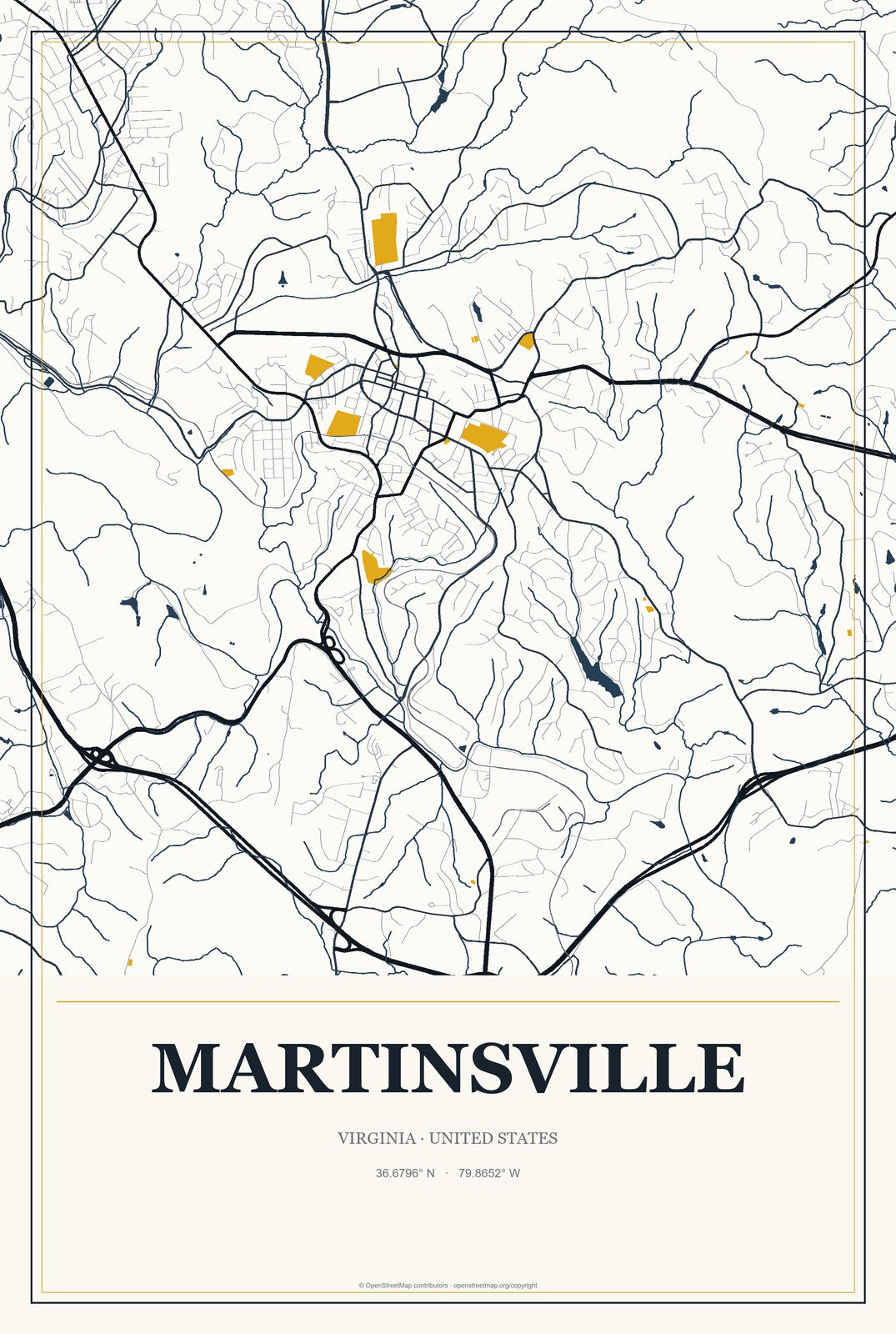 Martinsville, Virginia City Map Aluminum Sign in Citrine Modern style