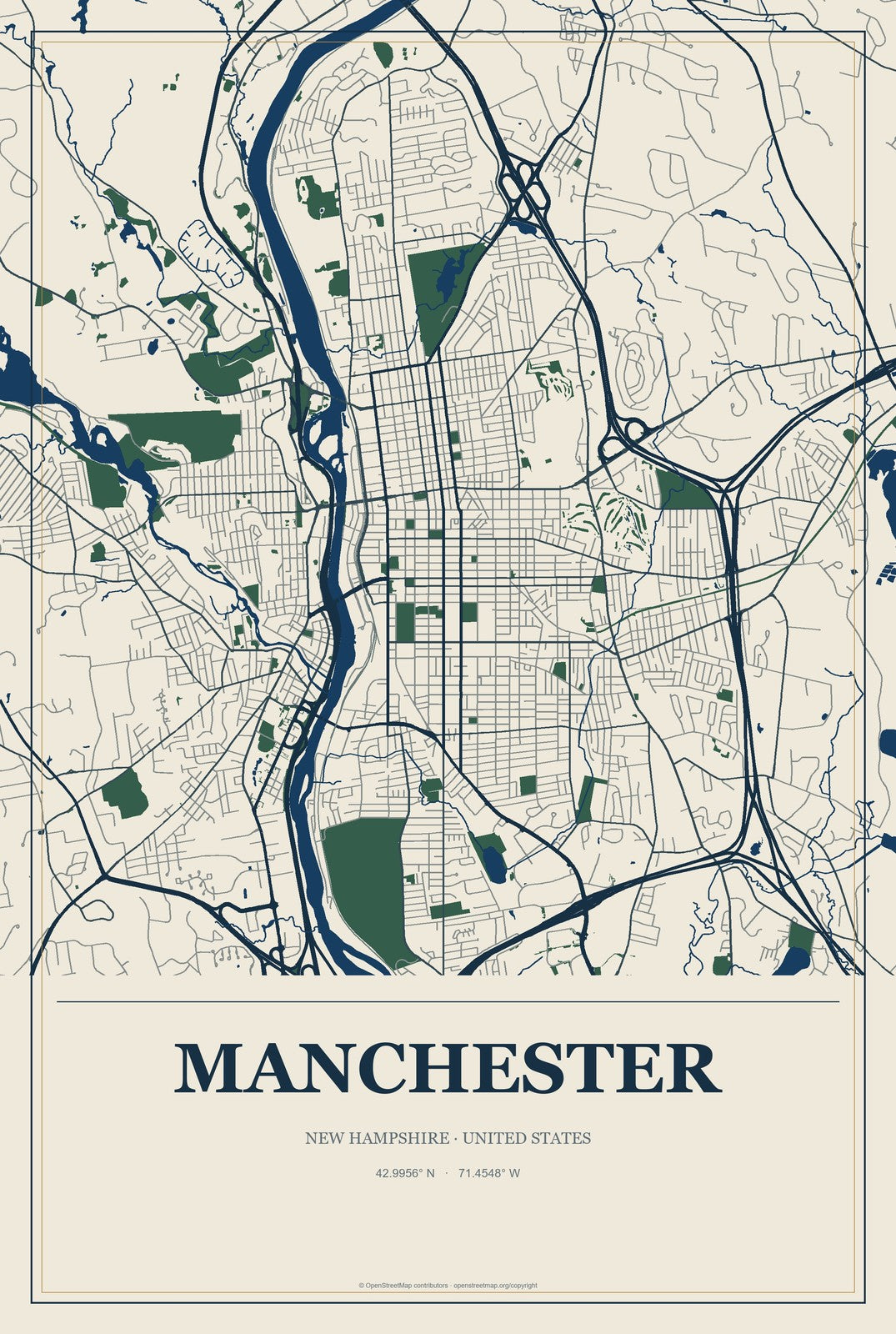 Manchester, New Hampshire City Map Aluminum Sign in Coastal Cutout style