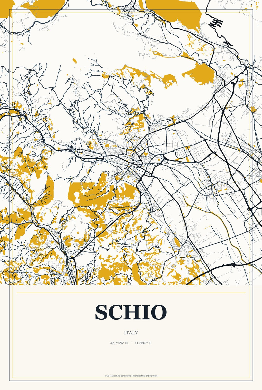 Schio, Italy City Map Aluminum Sign in Citrine Modern style