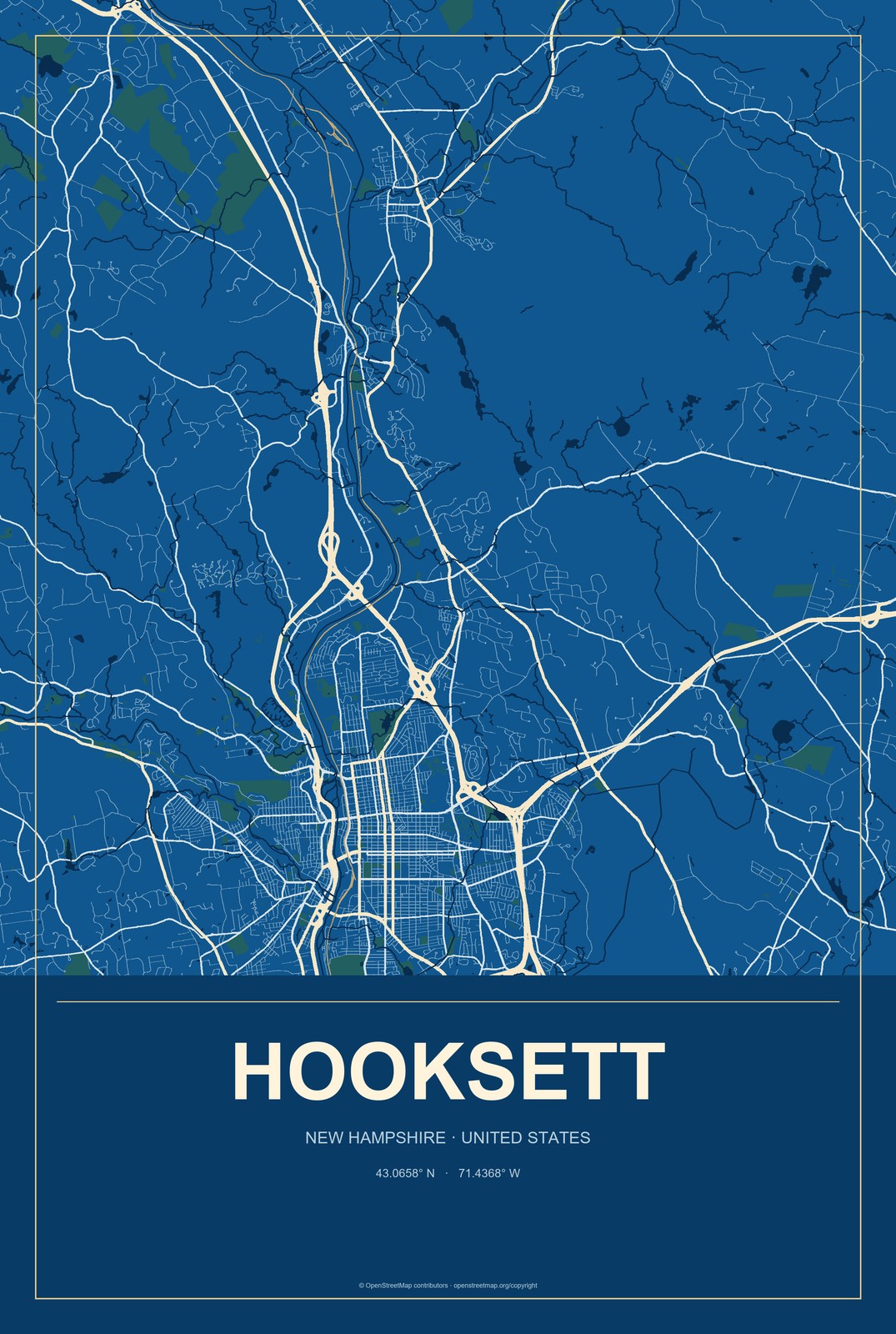 Hooksett, New Hampshire City Map Aluminum Sign in Harbor Cobalt style