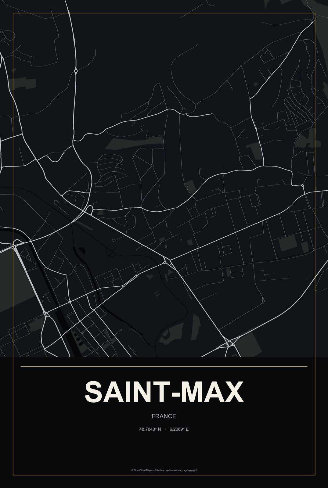 Saint-Max, France City Map Aluminum Sign in Metropolitan Noir style