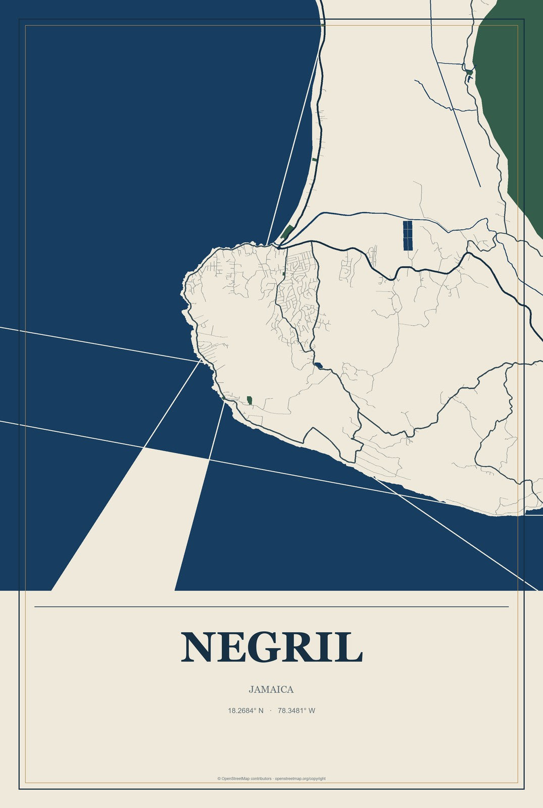 Negril, Jamaica City Map Aluminum Sign in Coastal Cutout style