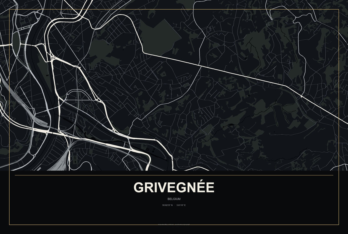 Grivegnée, Belgium City Map Aluminum Sign in Metropolitan Noir style