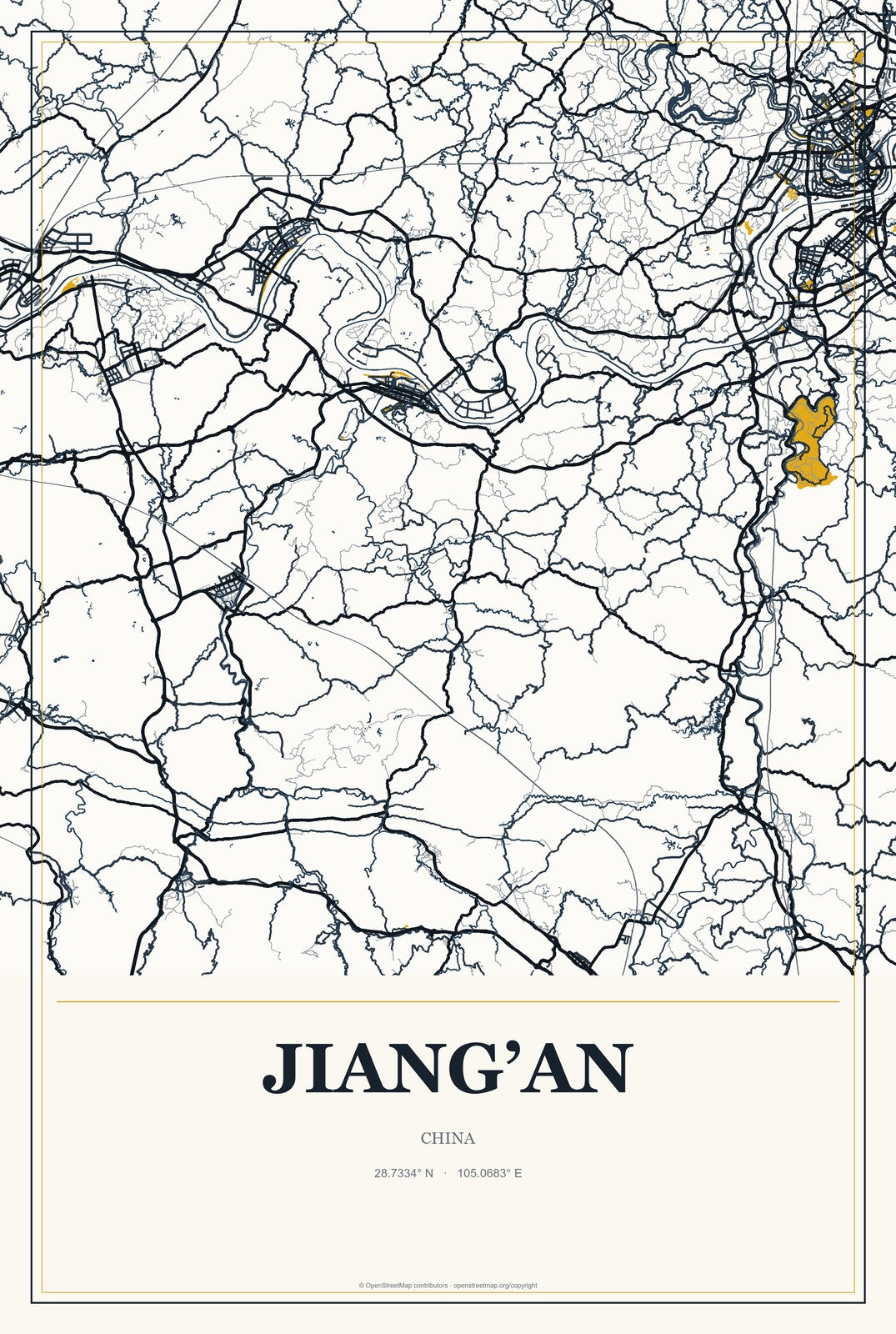 Jiang’an, China City Map Aluminum Sign in Citrine Modern style
