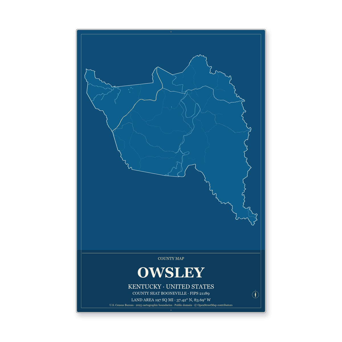 Owsley County, Kentucky Map Aluminum Sign in Harbor Cobalt style