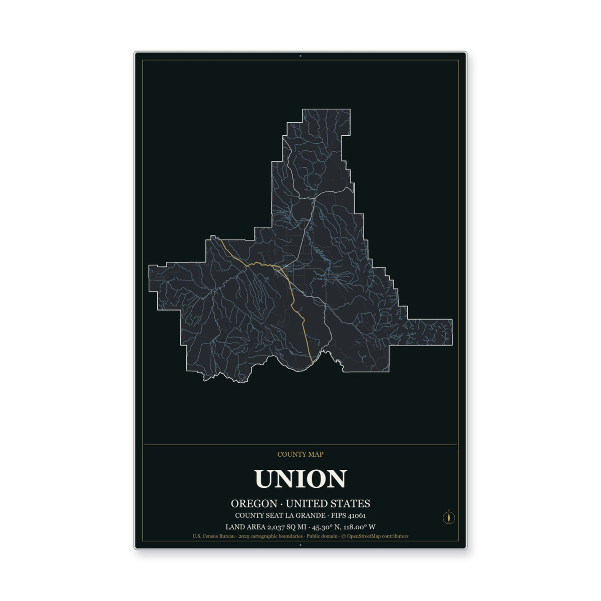 Union County, Oregon Map Aluminum Sign in Metropolitan Noir style