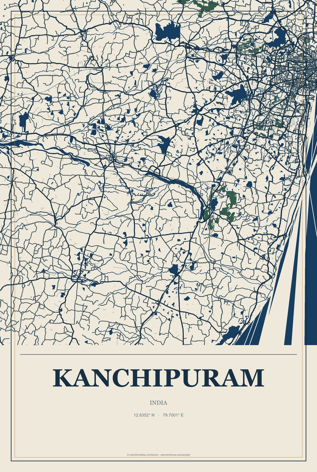Kanchipuram, India City Map Aluminum Sign in Coastal Cutout style