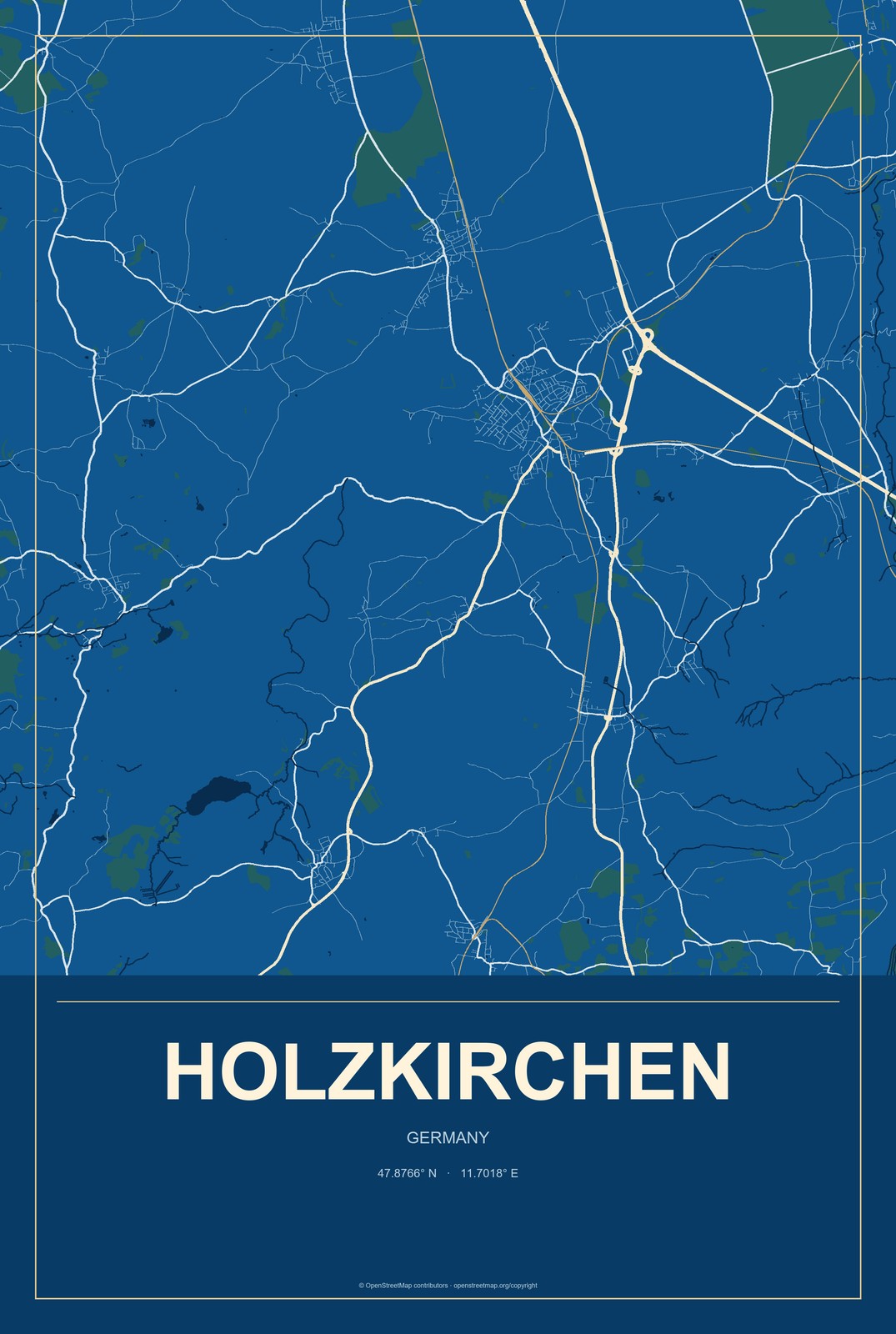 Holzkirchen, Germany City Map Aluminum Sign in Harbor Cobalt style