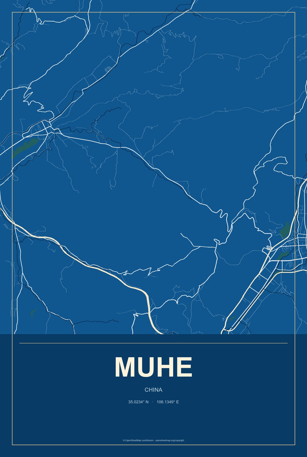 Muhe, China City Map Aluminum Sign in Harbor Cobalt style
