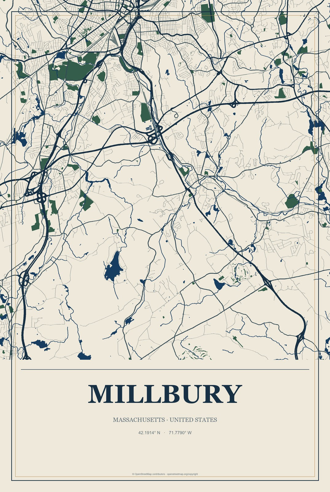 Millbury, Massachusetts City Map Aluminum Sign in Coastal Cutout style