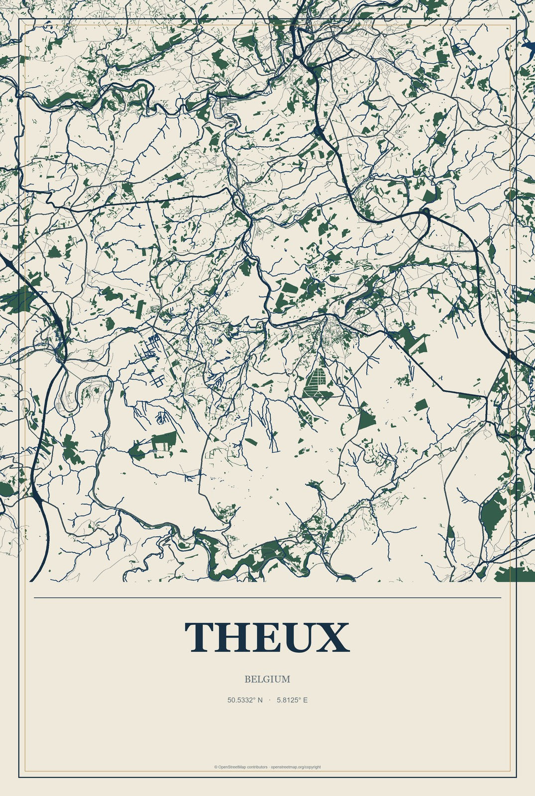 Theux, Belgium City Map Aluminum Sign in Coastal Cutout style