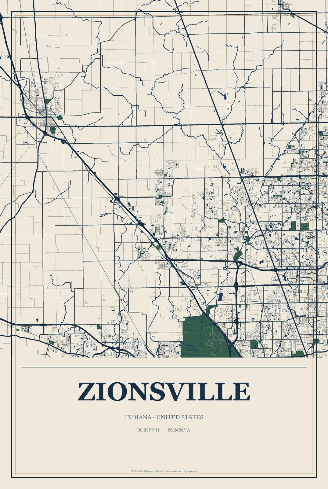 Zionsville, Indiana City Map Aluminum Sign in Coastal Cutout style