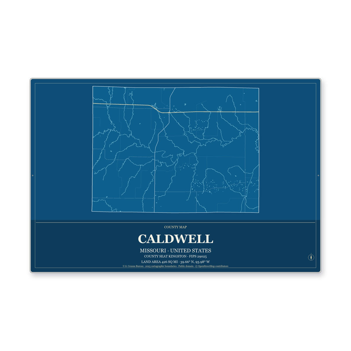 Caldwell County, Missouri Map Aluminum Sign in Harbor Cobalt style