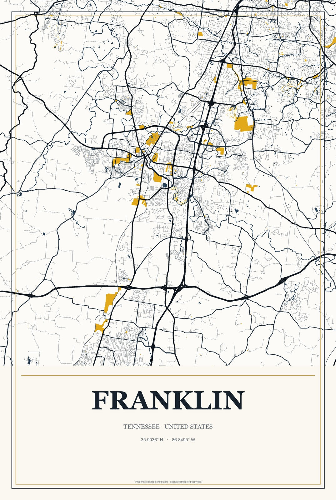 Franklin, Tennessee City Map Aluminum Sign in Citrine Modern style